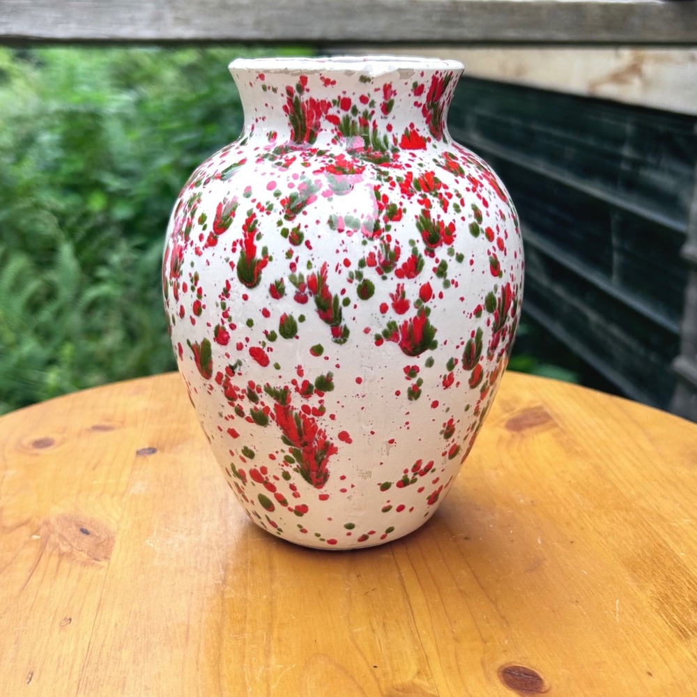 Vintage Splatterware Vase Ceramic Confetti Pottery Red Green 6.5 Inch Penny